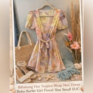 Billabong Hot Tropics Wrap Mini Dress Boho Surfer Girl Floral S Vacation Resort